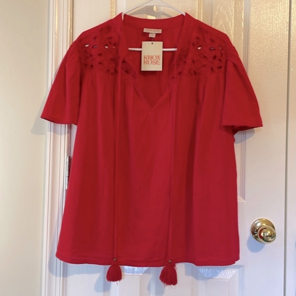 Knox Rose Short Sleeve Red Tassel V Neck Blouse, Size XXL